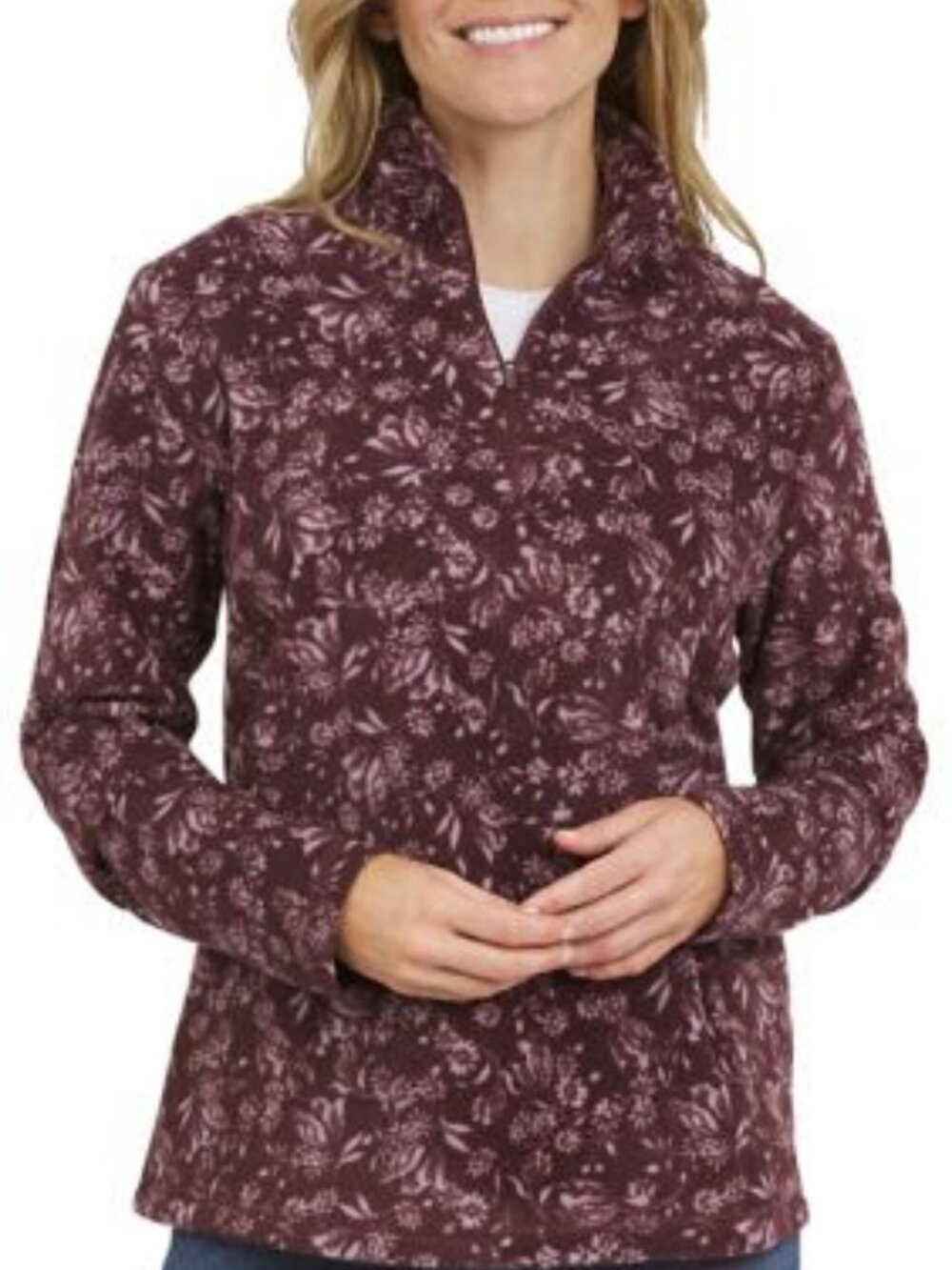 Lands End Red Wine Mock Neck Powder Fleece 1/4 Zip Jacket Gorpcore sz XL NWT